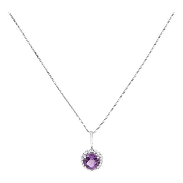 10K White Gold Purple Amethyst and 1/10 Cttw Diamond Accent Halo Pendant Necklace For Sale