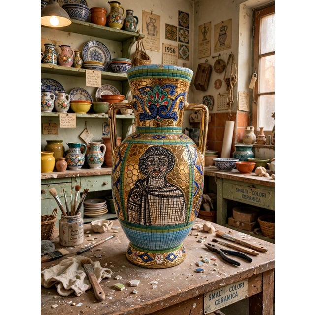 Vintage decorative ceramic vase by Gialletti Deruta, in majolica featuring a detailed Byzantine-style mosaic motif with...