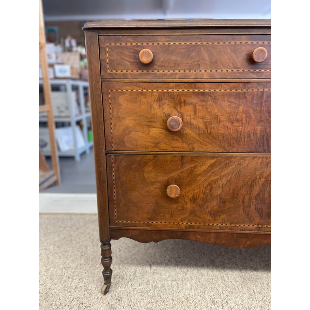 Possibly Early 19th Century Likely Mahogany Chest of Drawers With Dovetailed Drawers, Burl Accents, Wood Inlay, and Turned Knobs, Stamped For Sale - Image 4 of 11