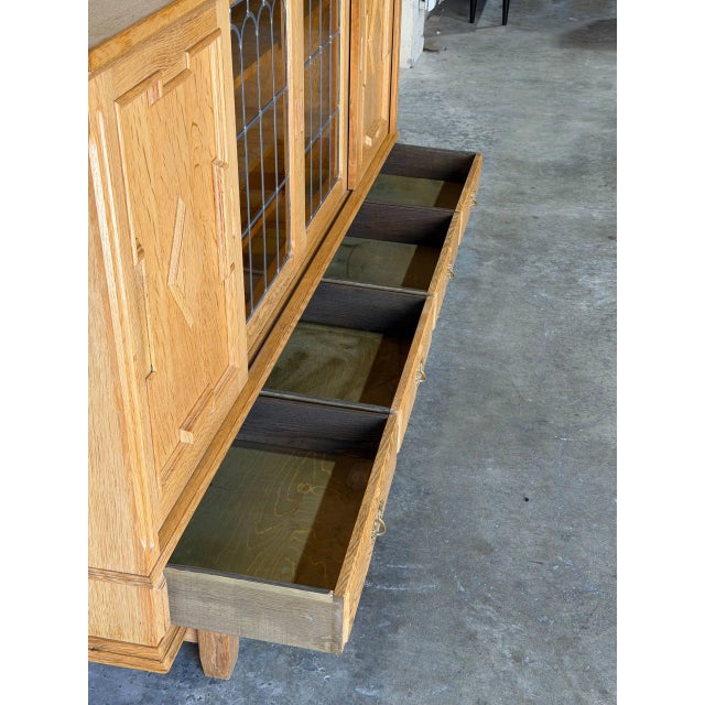 Wood In Style of Henning Kjærnulf Oak High Sideboard Credenza With Sliding Leaded Glass Doors Danish Mid-Century Modern 1970s For Sale - Image 7 of 11