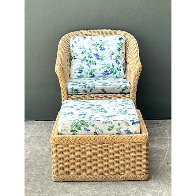 Traditional Vintage Woven Rattan Chair and Ottoman in Schumacher “Garden Gate” For Sale - Image 3 of 15