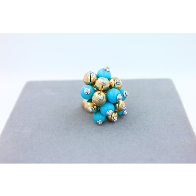 Early 21st Century Blue Turquoise Diamonds Golden Spheres Balls Christmas Bells Motif 18k Gold Ring, Size 7 For Sale - Image 5 of 18