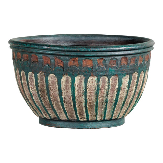 Vintage Emerald-Green Painted Terracotta Planter with Carved Motifs For Sale