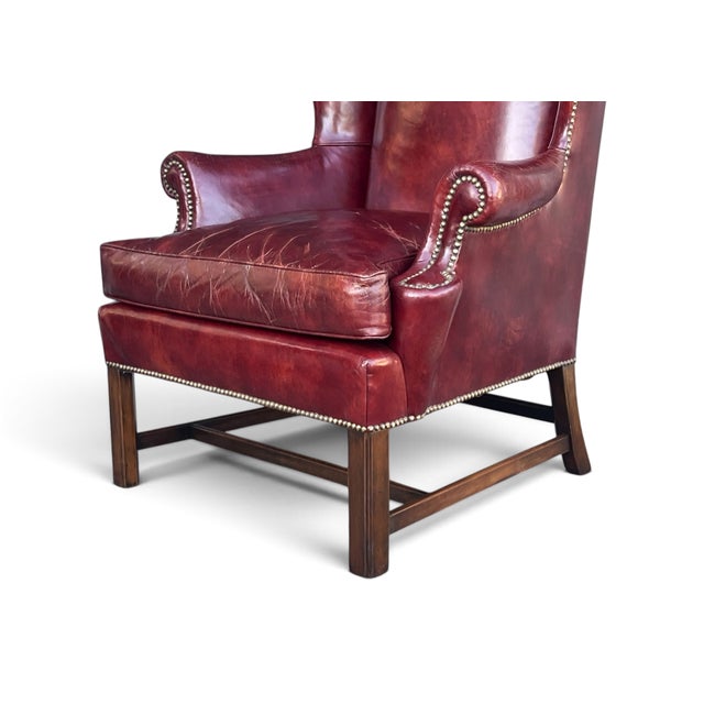 Vintage Burgundy Leather Wingback Chair With Brass Nailhead Trim by Baker For Sale - Image 17 of 18