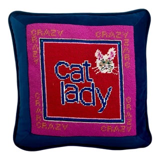 Hand-Embroidered Needlepoint "Cat Lady" One-of-a-Kind Original Pillow For Sale
