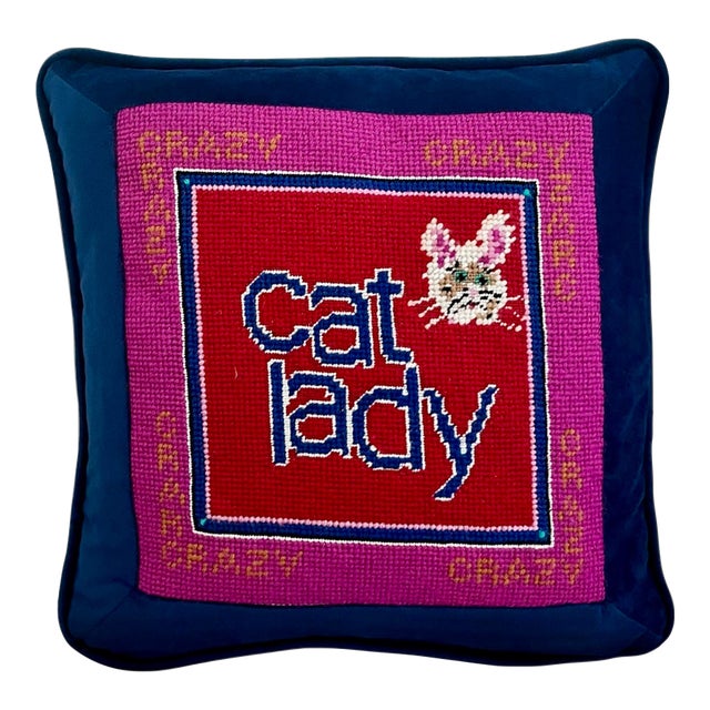 Hand-Embroidered Needlepoint "Cat Lady" One-of-a-Kind Original Pillow For Sale
