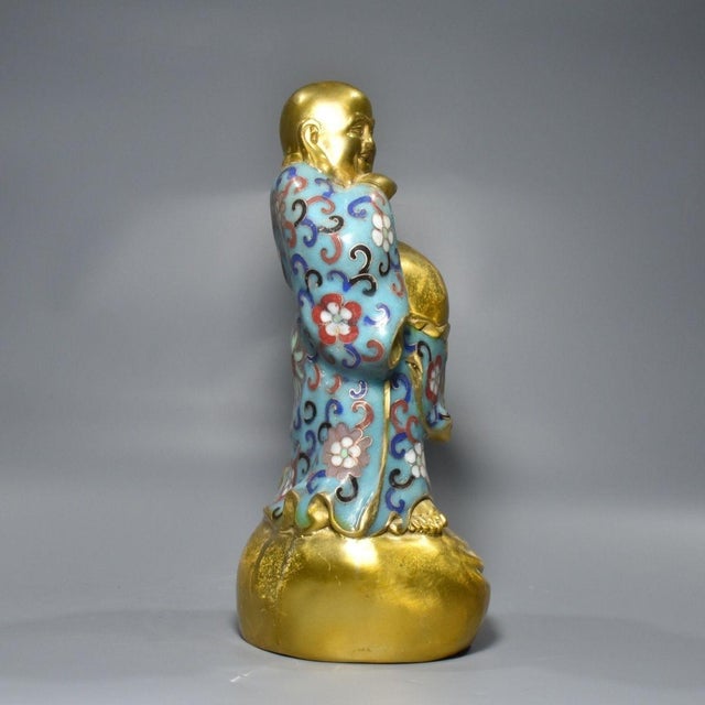 Traditional Late 20th Century Cloisonné Enamel Laughing Buddha Standing Figurine, Gilded Copper Floral Statue For Sale - Image 3 of 9