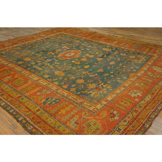 Marvelous Sky Blue Ground Color Medallion/Crest Pattern AntiqueTurkish Oushak Rug For Sale In New York - Image 6 of 12