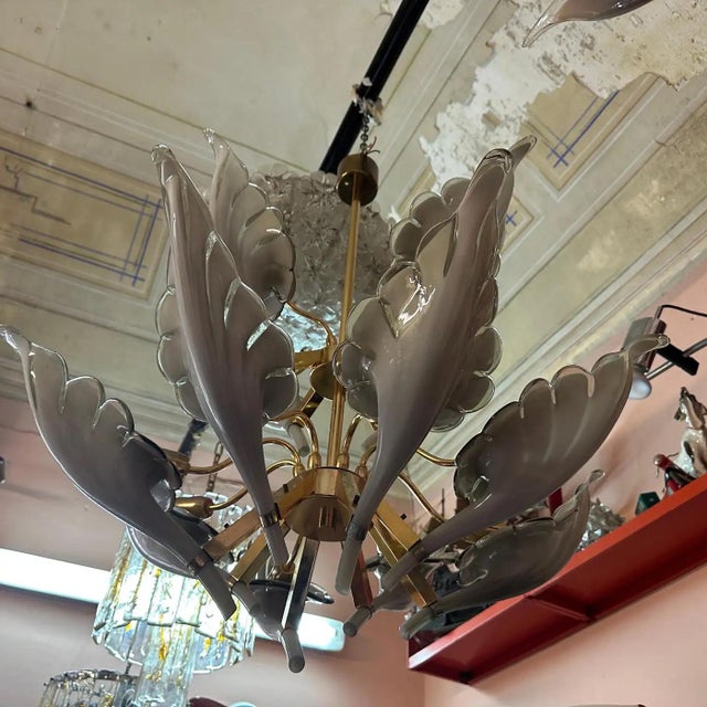 1970s Mid-Century Modern Brass and Gray Murano Glass Chandelier by Franco Luce For Sale - Image 10 of 11
