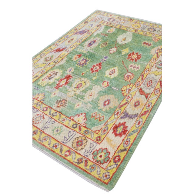Green Early 21st Century Green Handwoven Wool Turkish Oushak Rug 5'4" X 7'11" For Sale - Image 8 of 9