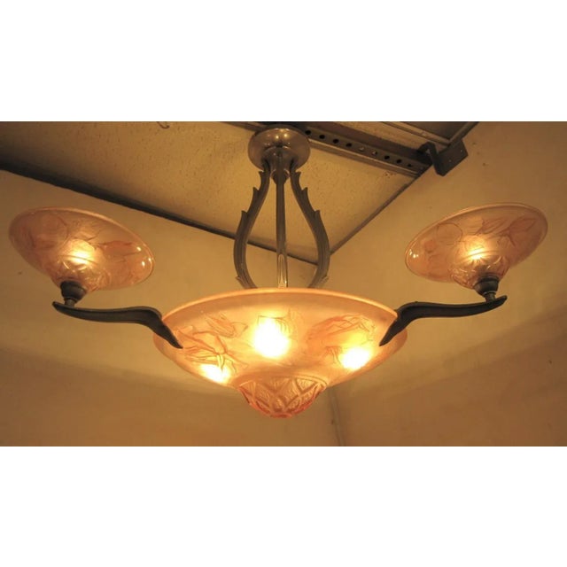 French Art Deco Pink/Peach Chandelier With Rose Motif Signed Verdun For Sale In New York - Image 6 of 13