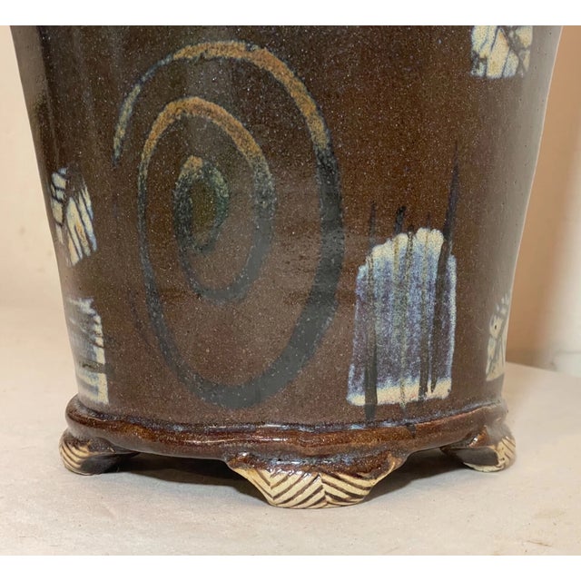1980s Tall Unique Vintage Handmade Signed Rs Glazed Brown Swirl Art Pottery Vase For Sale - Image 5 of 14
