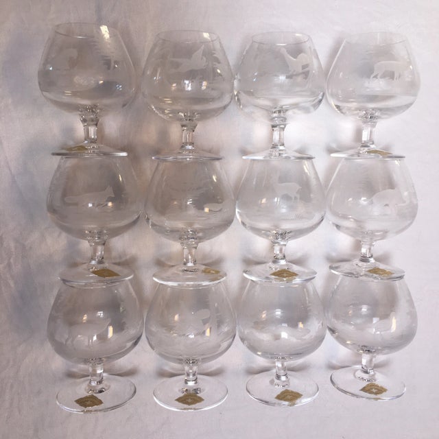 1950s Josephinenhutte Crystal Snifter Glasses With Etched Wild Life Scenes - Set of 12 For Sale - Image 13 of 13