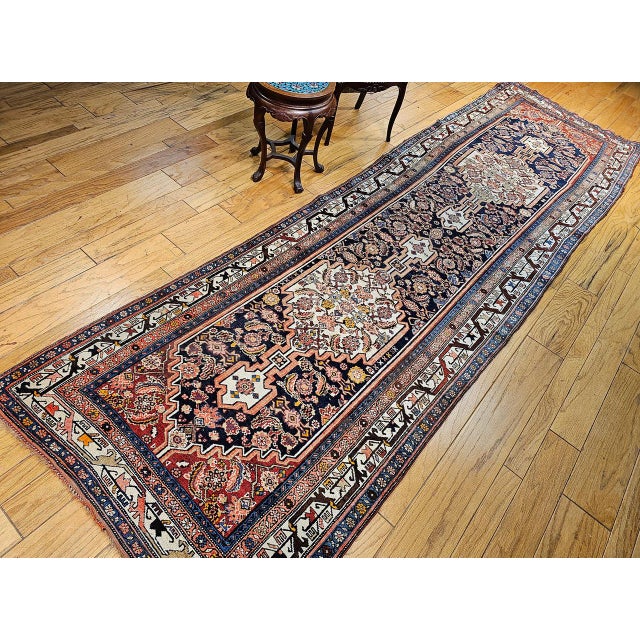Vintage Persian Bidjar Wide Runner, Hand-Knotted Wool, Geometric Medallion Pattern, Navy & Ivory, 4x14 For Sale - Image 12 of 18
