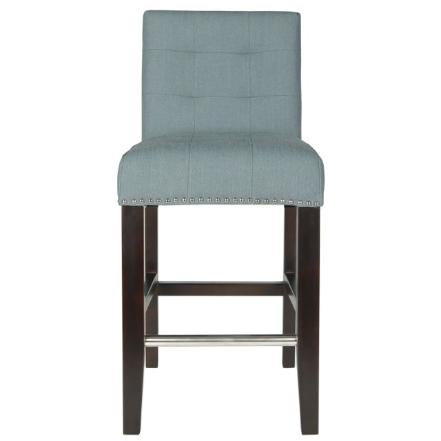 Wood 23.9" Linen Counter Stool & Silver Nailheads in Sky Blue & Espresso For Sale - Image 7 of 7