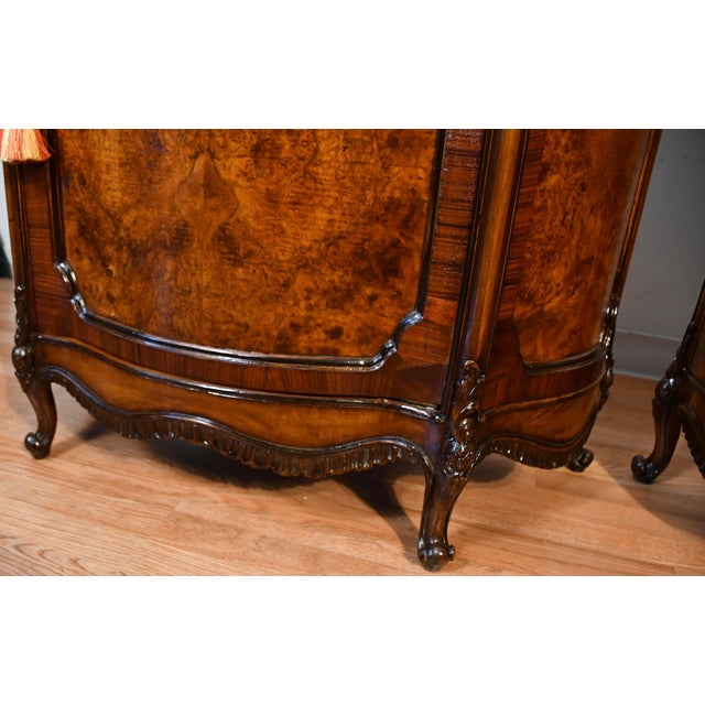 1890s Antique French Louis XV Burl Walnut Marble Top Pair of Cabinets Credenzas For Sale - Image 9 of 18