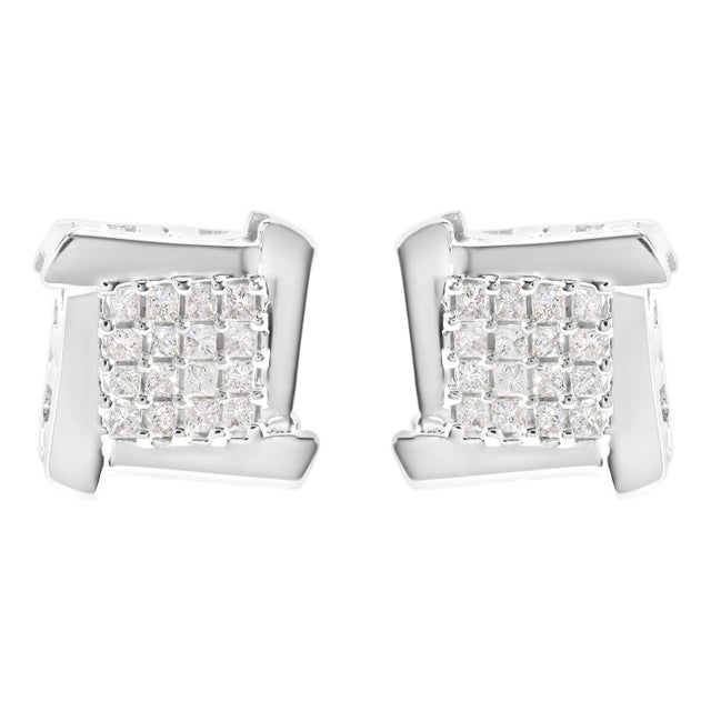 10K White Gold 1/2 Cttw Composite Princess Diamond Square and Swirl Stud Earrings (I-J Color, I1-I2 Clarity) For Sale