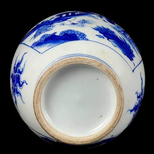 Traditional Vintage Blue and White Porcelain Lidded Jar With Figural Landscape Panels For Sale - Image 3 of 8