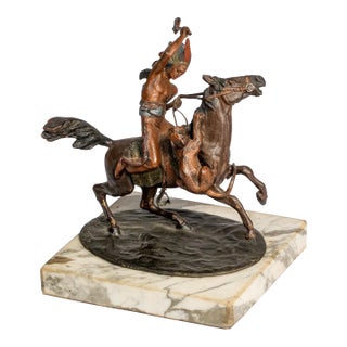 Amazing Antique Cold Painted Bronze Sculpture Statue Native American Indian on Horse Western Art For Sale
