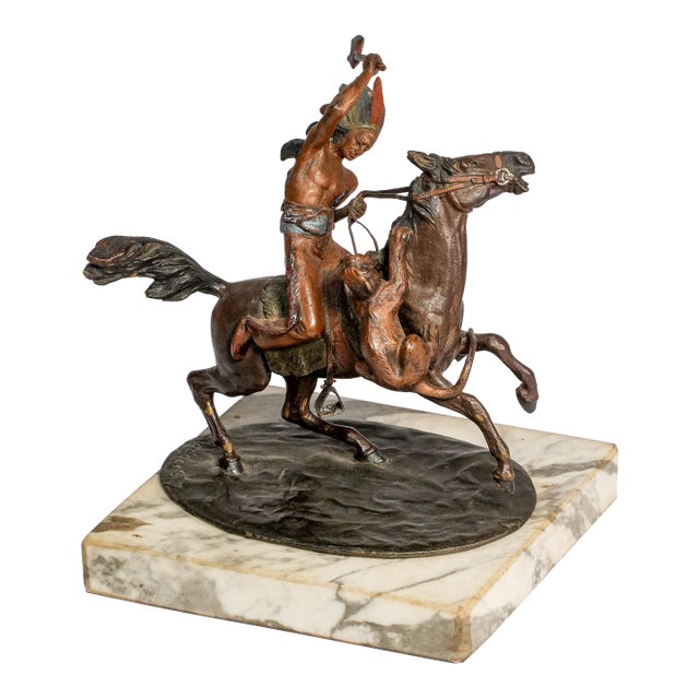Amazing Antique Cold Painted Bronze Sculpture Statue Native American Indian on Horse Western Art For Sale