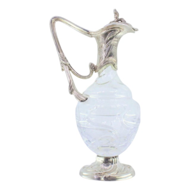 Glass Wine Jug with Silver Applications on the Neck and Base, with a Knob on the Hinged Lid For Sale