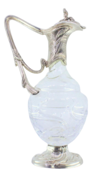 Glass Wine Jug with Silver Applications on the Neck and Base, with a Knob on the Hinged Lid