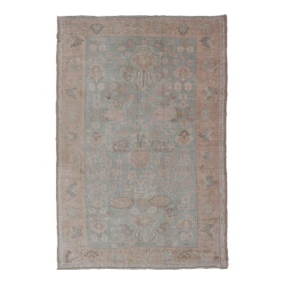 Light Colored Turkish Vintage Oushak Rug With All-Over Design in Light Green 5'2 X 7'10 For Sale
