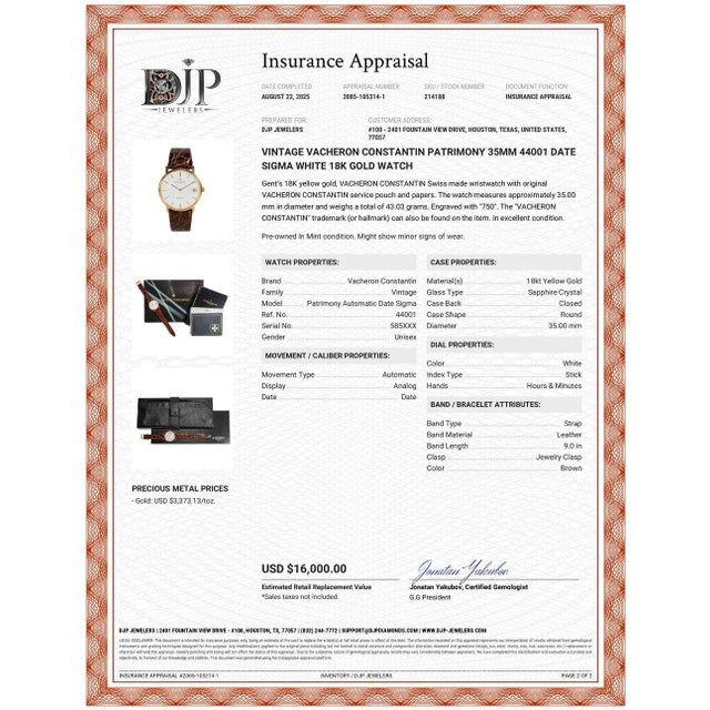 Late 20th Century Vintage Vacheron Constantin Patrimony 35mm 44001 Date Sigma White 18k Gold Watch For Sale - Image 12 of 12