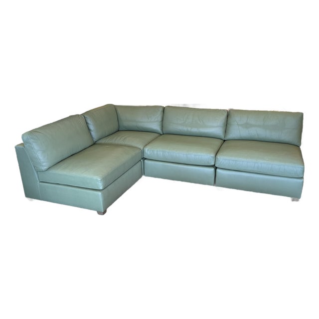 Teal Fitzgerald Modular Teal Leather Sofa With Storage Ottoman, Set For Sale - Image 8 of 17