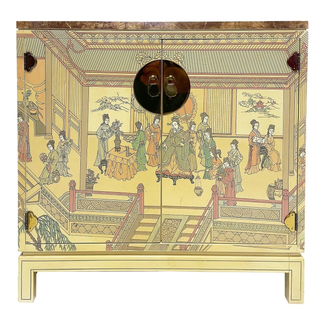 Vintage Drexel Heritage Chinoiserie Painted Cabinet, Faux Painted Stone Top For Sale