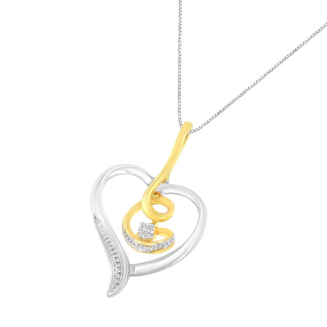 Contemporary Espira 10K Two-Tone Yellow & White Gold .03 Cttw Diamond-Accented Round-Cut Diamond Swirl Open Heart 18" Pendant Necklace (I-J Color, I2-I3 Clarity) For Sale - Image 3 of 5