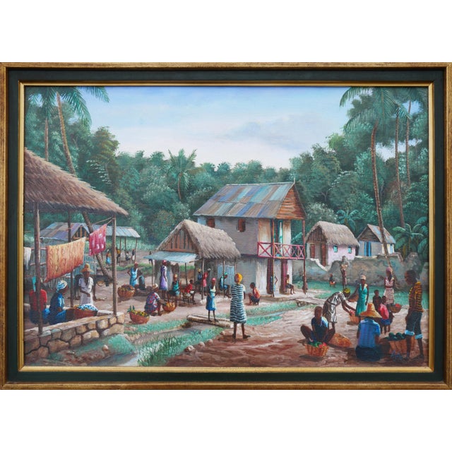 Late 20th Century Late 20th Century Modern Realist Green and Blue-Toned Rural Village Market Landscape Painting byJean-Felix Defournoy For Sale