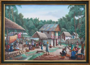 Late 20th Century Late 20th Century Modern Realist Green and Blue-Toned Rural Village Market Landscape Painting byJean-Felix Defournoy