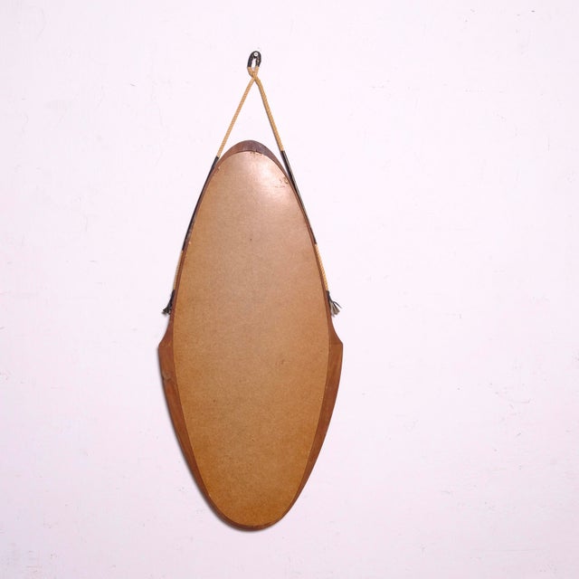 Vintage Oval Teak Mirror with Rope and Leather Details, 1950s For Sale - Image 9 of 13