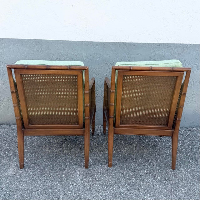 Vintage Hollywood Regency Faux Bamboo and Cane Green Tufted Lounge Chairs For Sale - Image 4 of 12