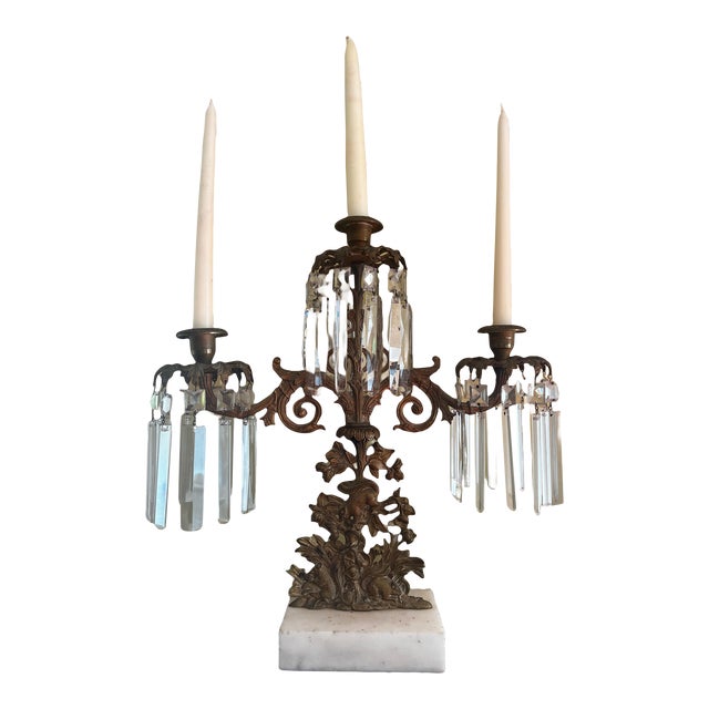 19th Century Girandole Crystal, Brass and Marble Candelabra For Sale