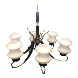 1950s Italian Mid-Century Modern Brass Ebonized Wood and White Glass Chandelier For Sale