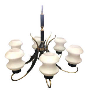 1950s Italian Mid-Century Modern Brass Ebonized Wood and White Glass Chandelier