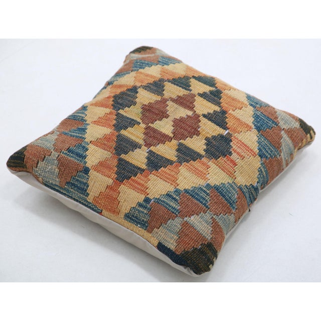 Tribal Arteverk Handwoven Afghan Kilim Pillow — Blue & Terracotta Diamond Grid For Sale - Image 3 of 3