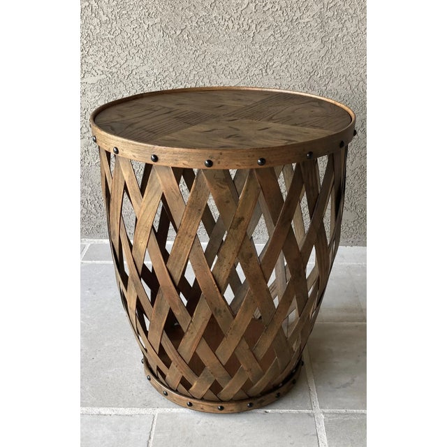 Henredon Circa 76 Collection Solid Oak Slat Barrel Drum Drinks Table With Nail Stud Accents For Sale - Image 12 of 13
