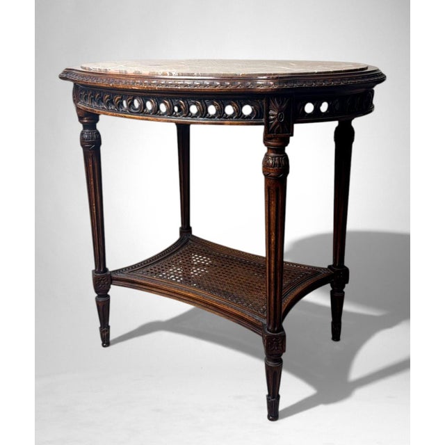 Early 20th Century Neoclassical Italian Walnut Side Table With Marble Top and Vienna Straw Shelf For Sale - Image 6 of 18