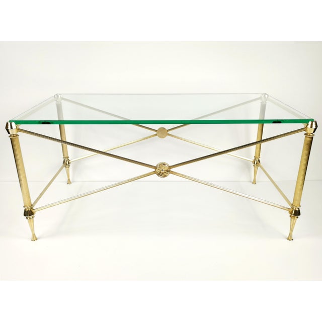 Metal French Hollywood Regency Coffee Table in Brass-Plated Metal with Glass Top in the style of Maison Jansen, 1960s For Sale - Image 7 of 11