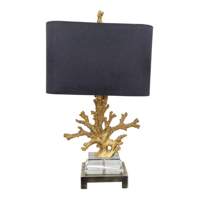 Elegant Table Lamp With Gold Faux Coral Design and Black Shade For Sale