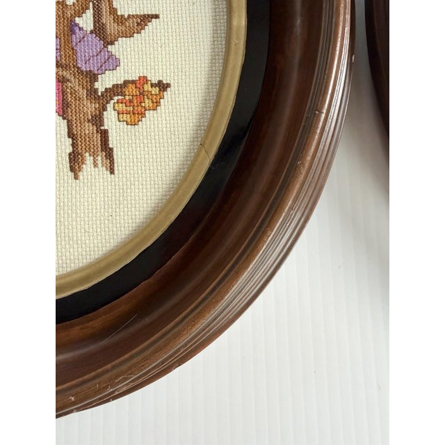 Vintage Needlepoint Girl & Boy In Antique Oval Deep Wood & Gold Frames For Sale - Image 11 of 16