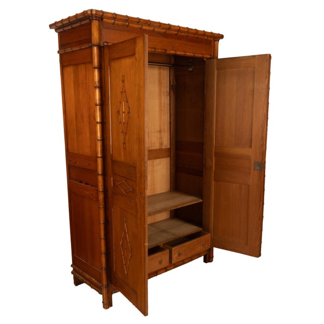 Wood Antique 19th Century French Faux Bamboo Pine Armoire Wardrobe Cupboard 1880 For Sale - Image 7 of 10