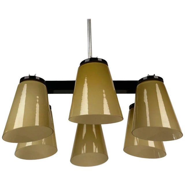 Ceiling Lamp with 6 Handmade Opaline Glass Shades from Lidokov, 1950s For Sale - Image 11 of 11