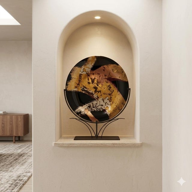 2000 - 2009 Large 29.5" Tony Evans Mid-Century Modern Abstract Fused Glass Art Platter on Custom Iron Stand For Sale - Image 5 of 6