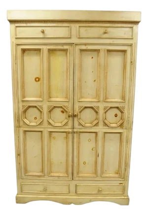 Late 20th Century French Country Provincial Distressed Knotty Pine Wood 2 Part Cupboard Cabinet