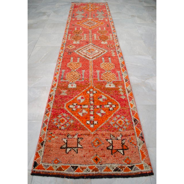 Antique Style Orange Runner Rug, Hand Knotted Turkish Carpet, 3x12 Vintage Area Rug, Rare Alien Motif Decor, Organic Modern Rug For Sale - Image 6 of 16