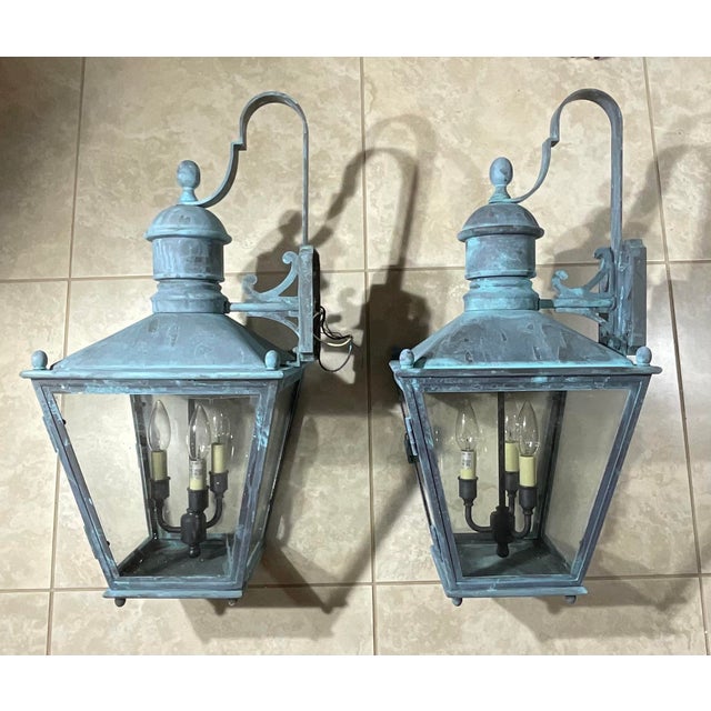 Metal Large Pair of Vintage Solid Brass Wall Lanterns - 12”x 12”x 24” For Sale - Image 7 of 15